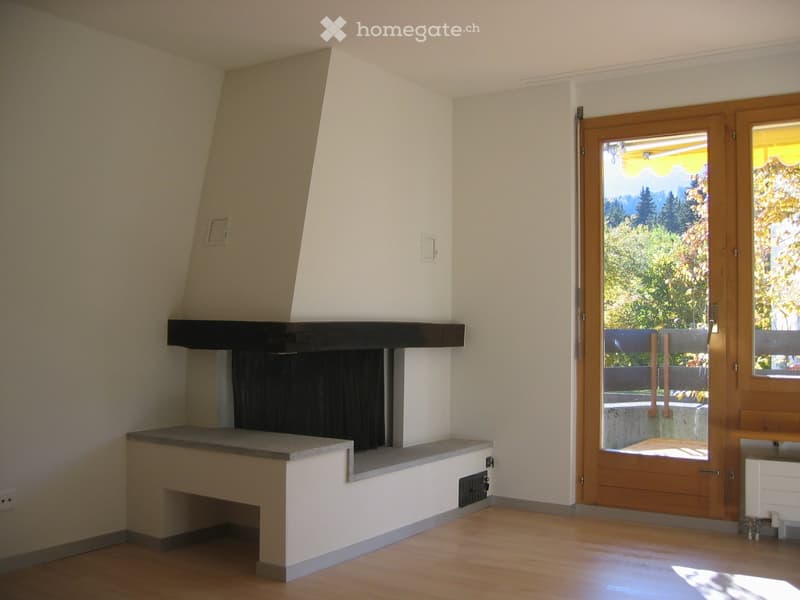 Empty room with wooden flooring, white walls, and a fireplace with a stone surround. A large wooden door leads to an outdoor area with a view of trees.