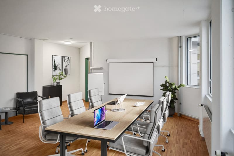 modern office room with a long table, chairs, a whiteboard, a projector, a plant, and a black chair