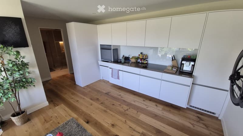 Modern kitchen with white cabinets, wooden flooring, and various appliances including a coffee maker and oven. A potted plant and a rug are also visible.