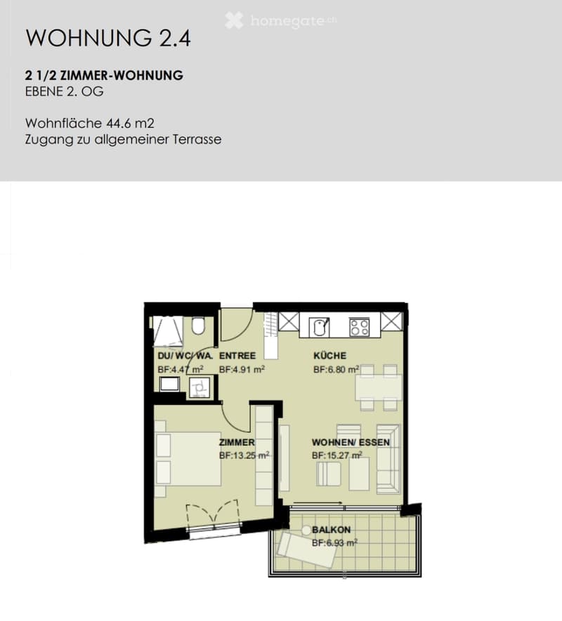 Floor plan of a 2.5-room apartment on the 2nd floor, featuring a living/dining area, bedroom, kitchen, bathroom, and balcony.
