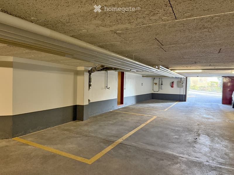 Underground parking garage with concrete floors, white walls, and yellow parking lines.