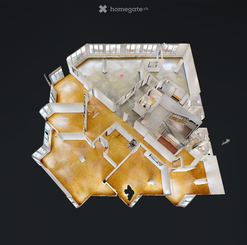 3D floor plan of a multi-level residential building with open-plan living space, kitchen, bedrooms, bathrooms, and a balcony.