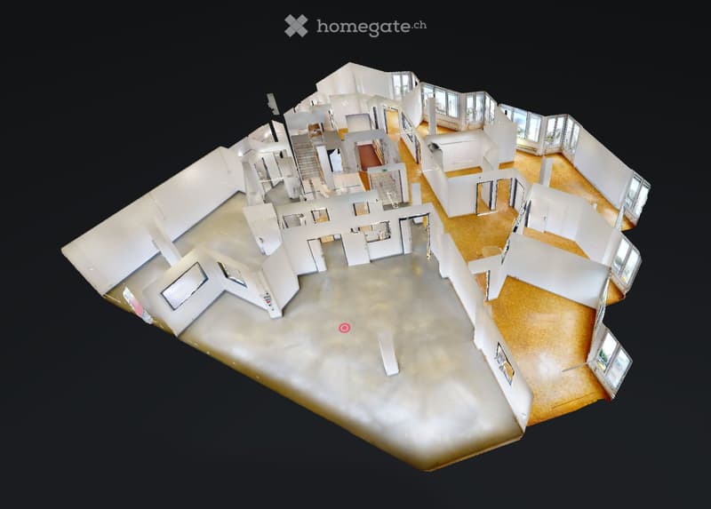 3D floor plan of a multi-level residential building with multiple rooms, including living areas, bedrooms, bathrooms, and a staircase connecting floors.