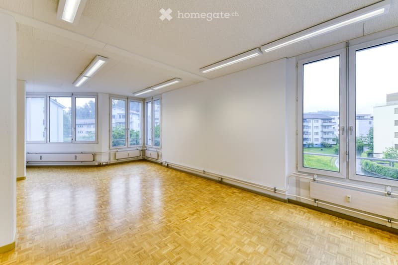 Empty room with wooden parquet flooring, white walls, large windows, and built-in radiators.