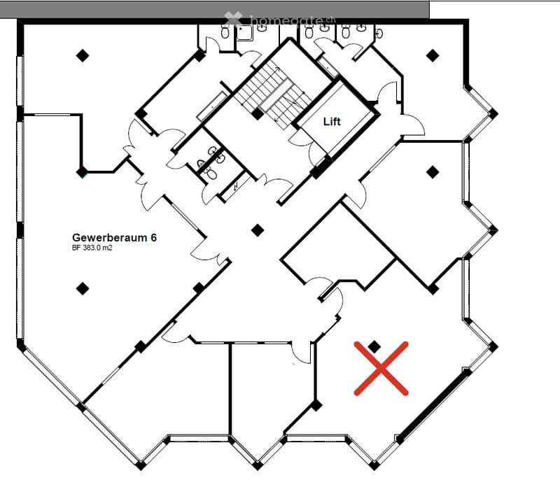 Floor plan of a commercial space with labeled areas including a lift, a commercial room (Gewerberaum 6) with a size of 333.0 m², and several other rooms and corridors.