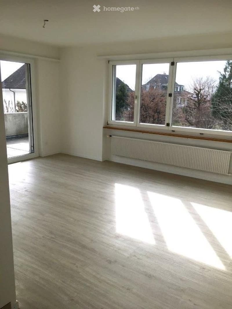 Empty room with light wooden flooring, white walls, large windows, and a radiator under the windows. No furniture or equipment present.