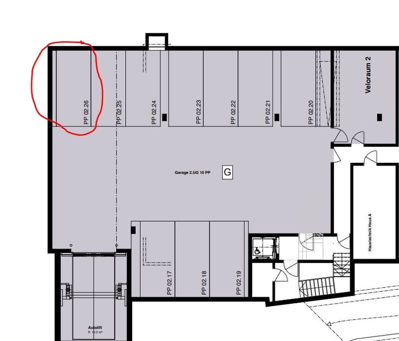 Floor plan of a multi-room space including a garage, several rooms labeled with codes, and a hallway.