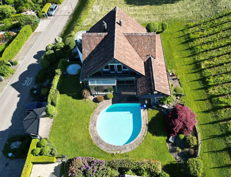 Aerial view of a house with a swimming pool in the garden, surrounded by green lawns and trees.