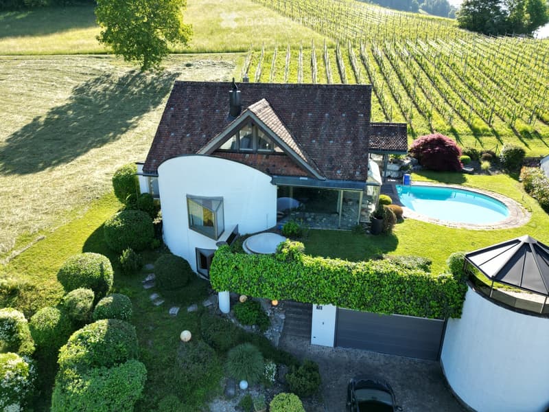 A modern two-story house with a red-tiled roof, surrounded by a well-maintained garden, a swimming pool, and a garage. The house features large windows and a contemporary design.