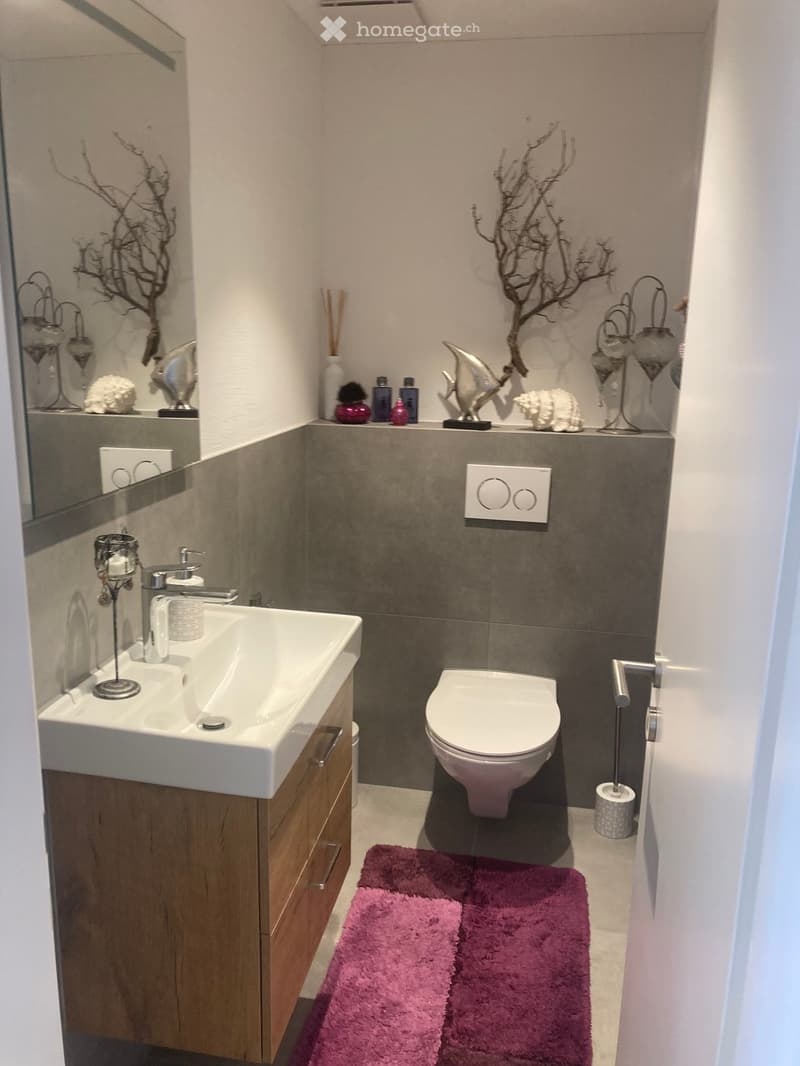 Modern bathroom with a white sink, wooden cabinet, toilet, and pink fluffy rug. Decor includes decorative branches, candles, and a mirror.