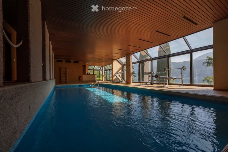 Indoor swimming pool area with large windows offering a scenic mountain view, wooden ceiling, and exercise equipment nearby.
