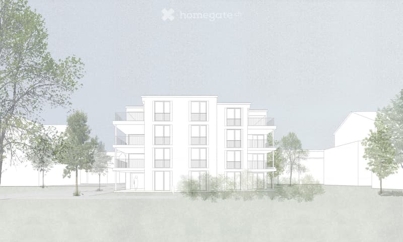 A modern multi-story residential building with balconies, large windows, and a clean, minimalist design. The building is surrounded by trees and greenery.