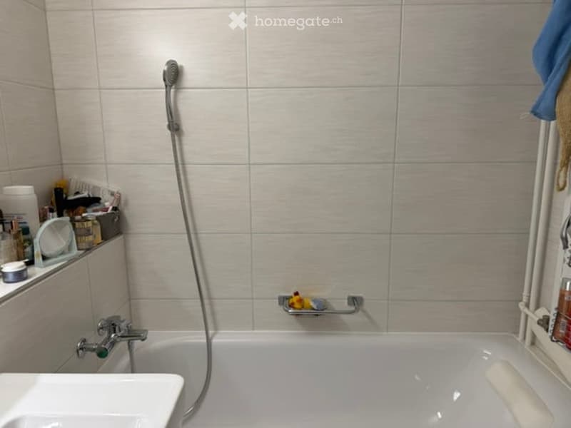 Modern bathroom with a bathtub, showerhead, faucet, shower rack, and toiletries on the shelf.