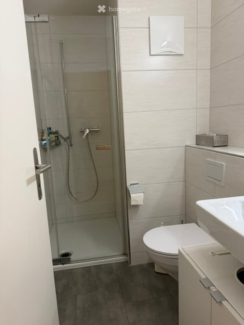 Modern bathroom with white tiles, a glass-enclosed shower, a toilet, a sink, and a cabinet.