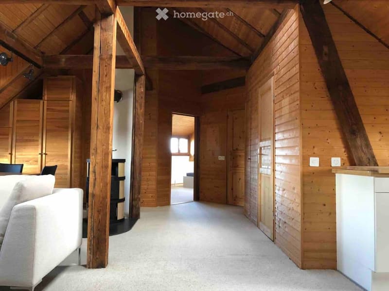 Spacious, wooden-paneled room with exposed beams, a white sofa, a chair, a wooden cabinet, and a small table near the entrance.