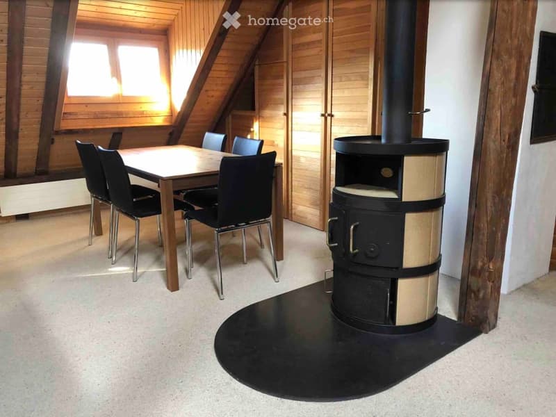 Cozy attic dining area with wooden walls, skylight windows, a round wood stove, and a dining table with chairs.