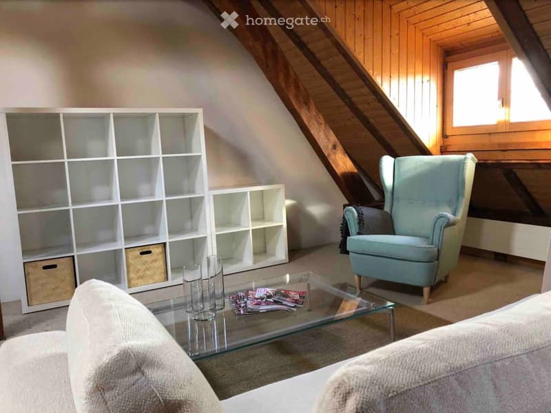 Cozy attic living space with exposed wooden beams, a light blue armchair, a white bookshelf, a glass coffee table with magazines, and a beige sofa.