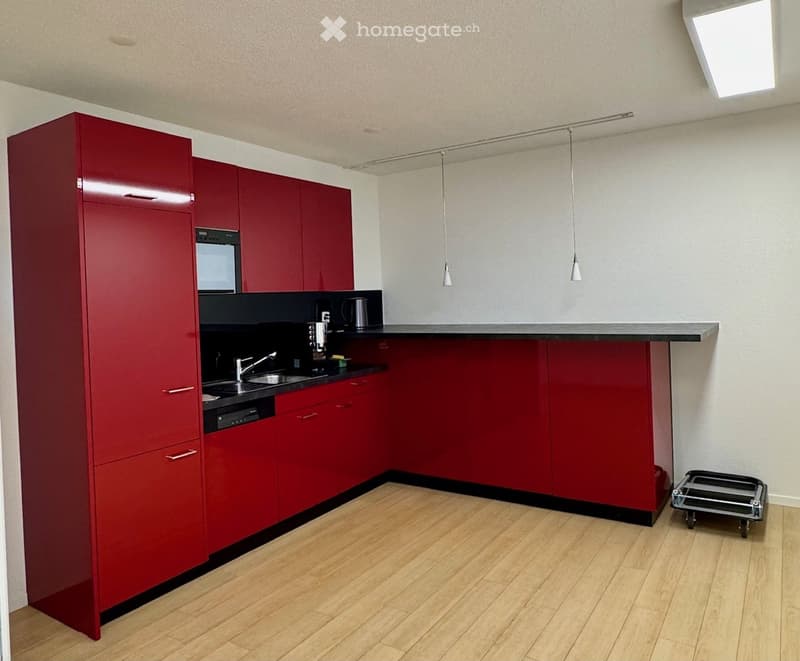 Modern kitchen with red cabinets, wooden flooring, and stainless steel appliances including a sink, oven, and dishwasher. A coffee maker and cup are on the counter.