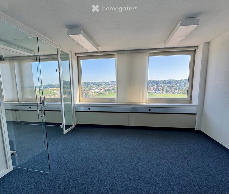Empty room with grey carpet, large windows, glass partition, and white walls.