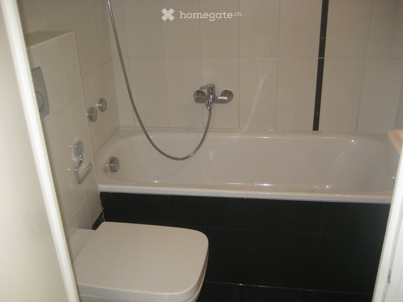 Modern bathroom with a white bathtub, toilet, and chrome faucet. Light-colored tiles on walls and dark tiles on the floor.