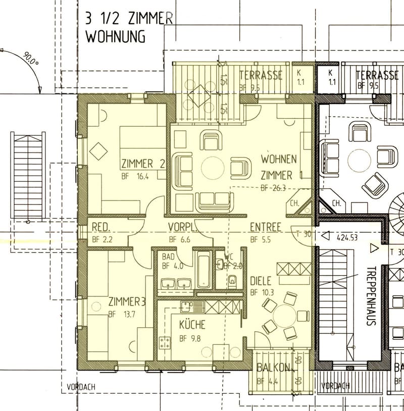 3 rooms, living room, kitchen, bathroom, balcony