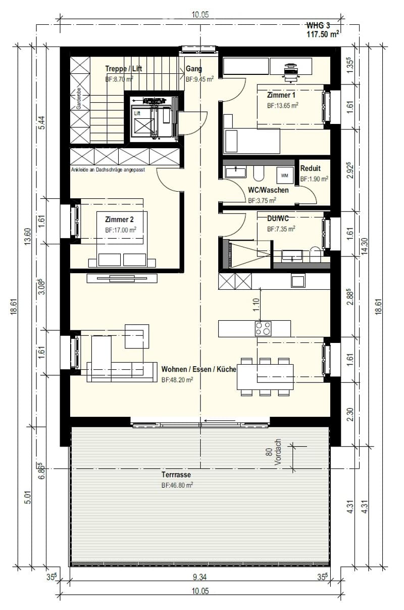 Floor plan of a 3-room apartment with living/dining/kitchen area, two bedrooms, bathroom, and a terrace.