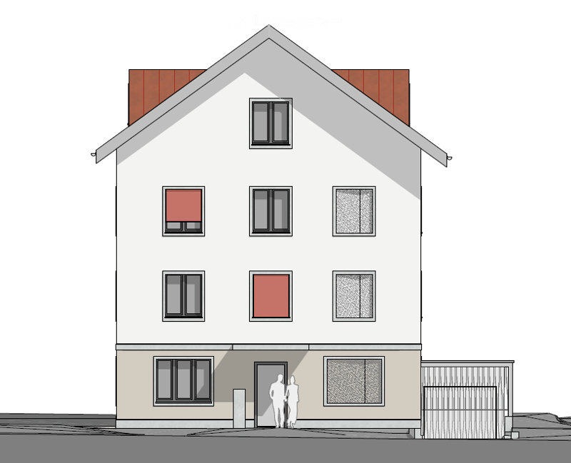 Two-story house with a gray exterior, multiple windows, and a red-tiled roof. A garage is visible on the right side.