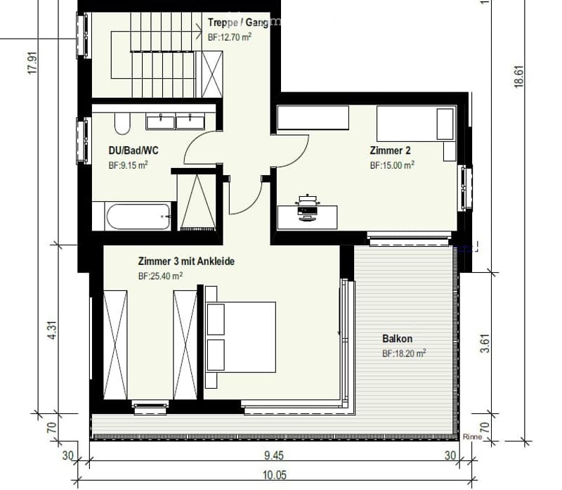 Floor plan of a 3-room apartment with a combined shower/bathroom, hallway, and balcony.