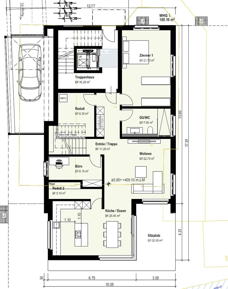 Floor plan of a 185.10 m² apartment with multiple rooms including living area, kitchen, bedrooms, bathrooms, and a staircase.
