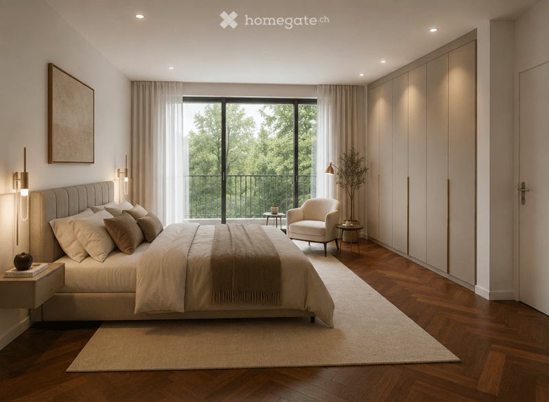 Elegant bedroom with a large bed, nightstands, a chair, a small table, and a balcony view. The room features modern lighting, a large window, and a sleek wardrobe.