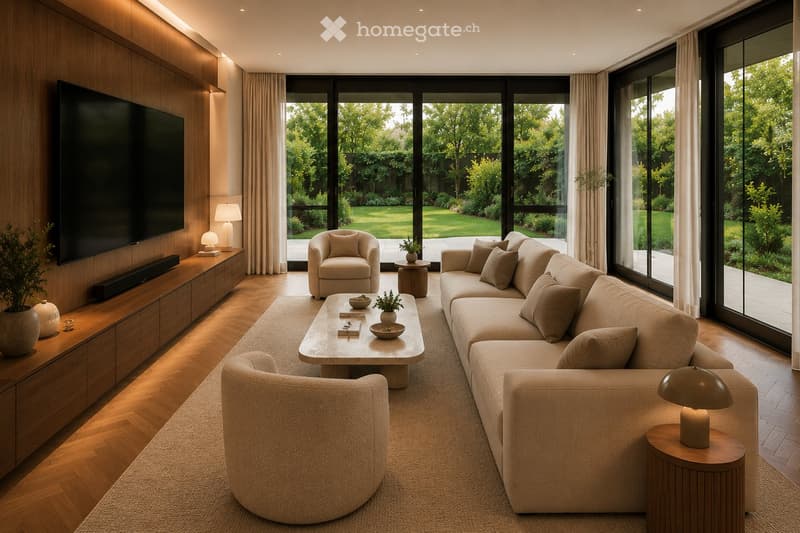 Modern living room with large windows overlooking a garden, featuring a beige sectional sofa, coffee table, armchairs, table lamps, and a television on a wooden cabinet.