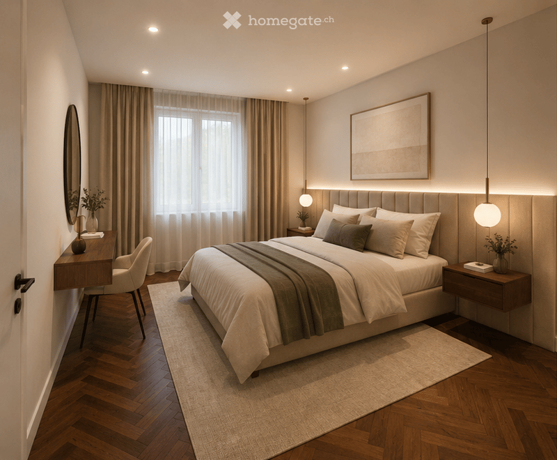 Modern bedroom with a large bed, nightstands, a desk, and a chair. The room features wooden flooring, large windows with curtains, and decorative lighting.