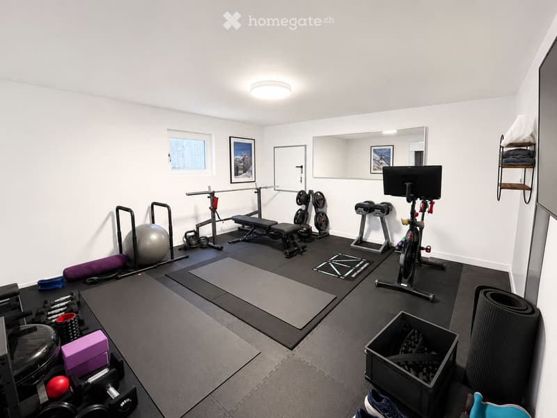 Well-equipped home gym with various fitness equipment including an exercise bike, weight bench, dumbbells, kettlebells, a fitness ball, yoga mats, a large mirror, and a screen. Shelves hold additional items and a picture frame adorns the wall.