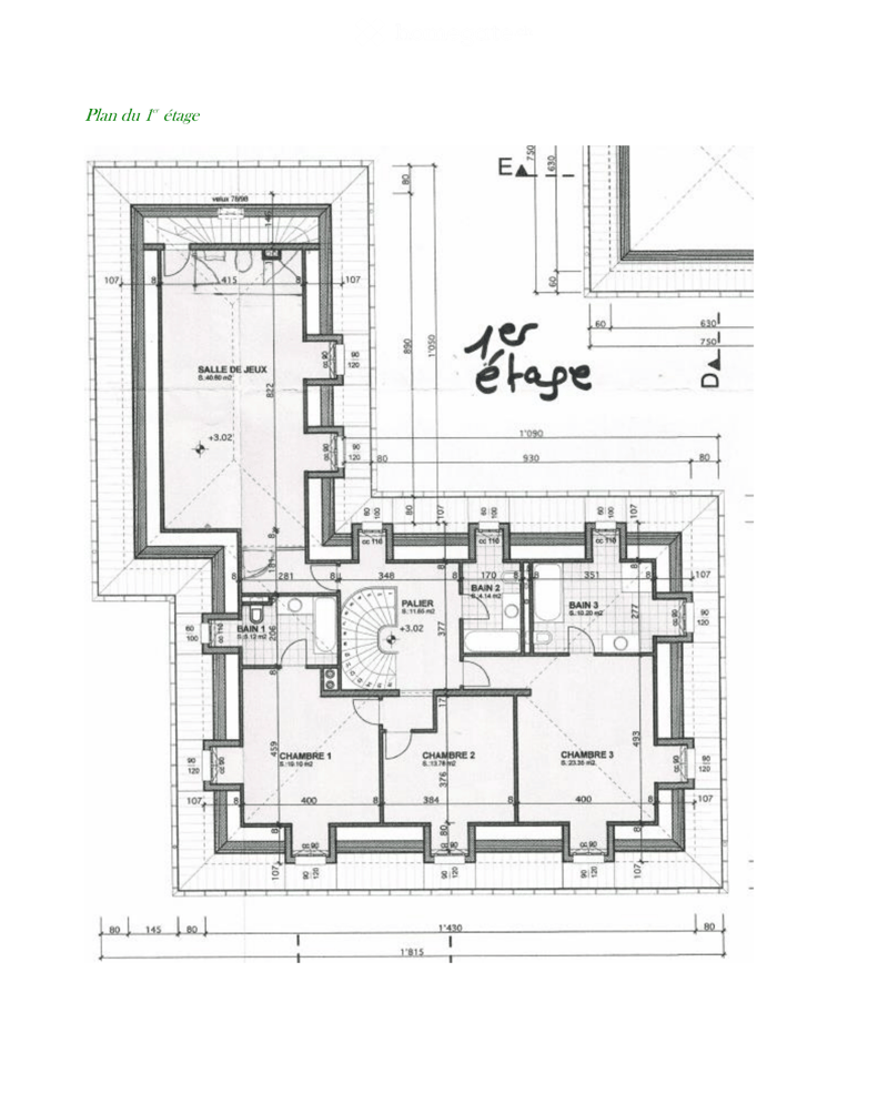 First-floor floor plan showing three bedrooms, three bathrooms, a living room, and a hallway with dimensions and room labels.
