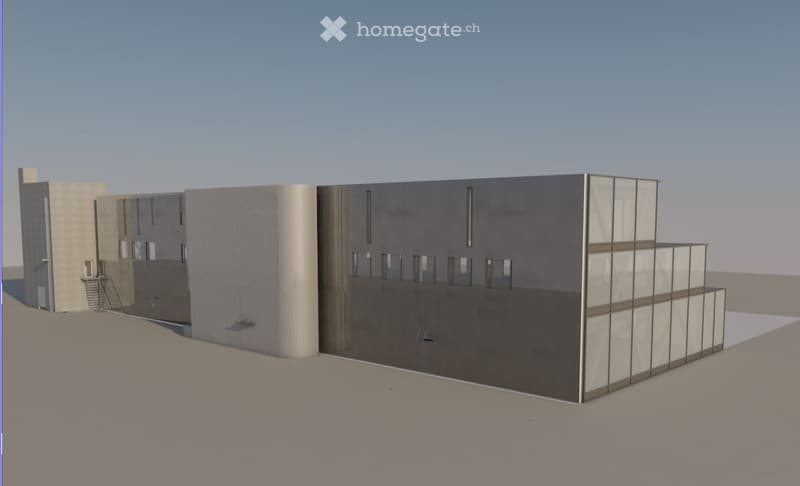 A modern, multi-story building with a combination of glass and concrete surfaces, featuring a raised ground floor and a staircase leading to an entrance.