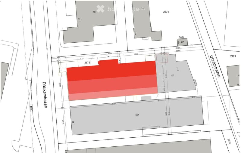 Floor plan showing a residential plot with numbered sections and surrounding streets, including Dailikerstrasse and Gheidstrasse.