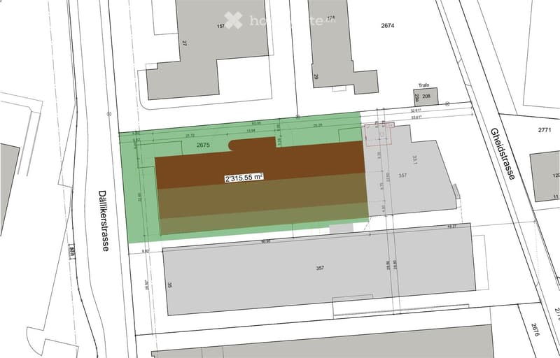 Floor plan showing a plot of land with dimensions and area labeled as 2'315.55 m², surrounded by neighboring plots and streets.