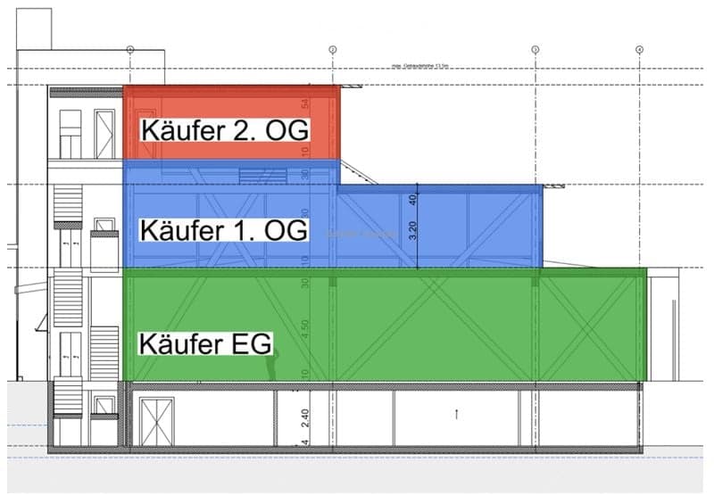 Floor plan of a three-story building with labeled floors: Käufer EG (ground floor), Käufer 1. OG (first floor), and Käufer 2. OG (second floor).