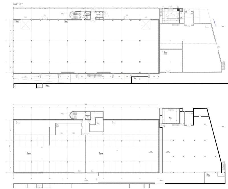 Floor plan of a building showing multiple rooms including living areas, bedrooms, bathrooms, and parking spaces.