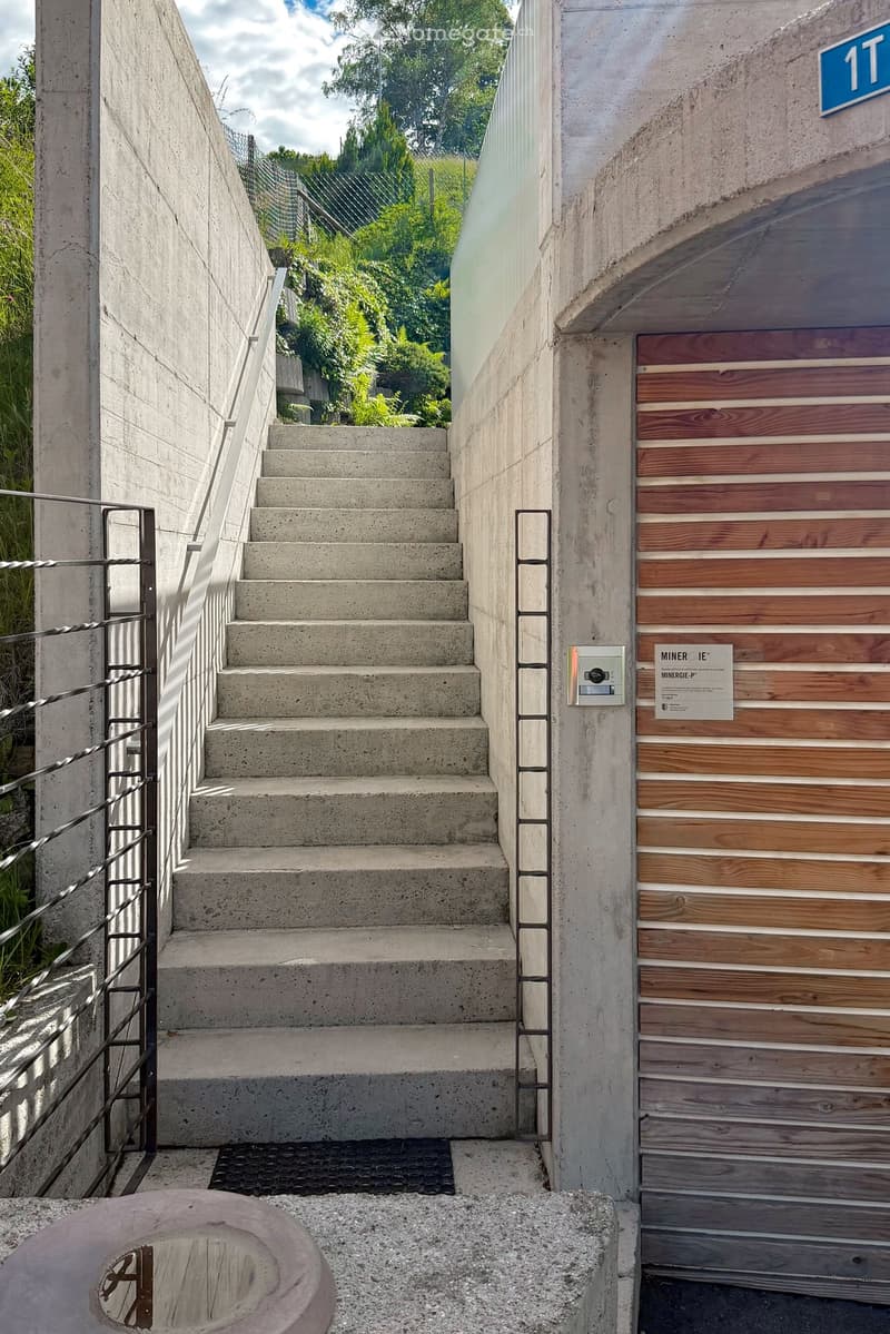 Concrete staircase leading up to a wooden door with a modern design, featuring a metal railing and a small doormat at the base.