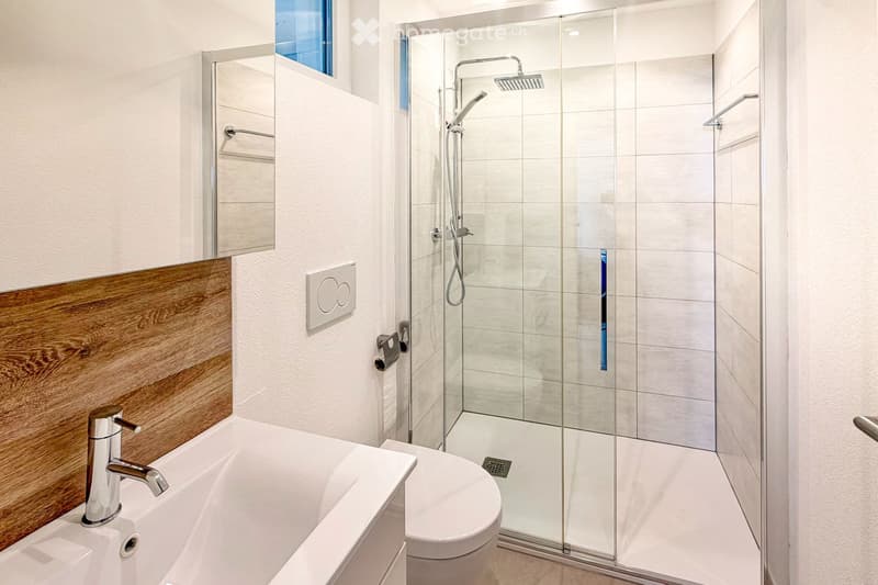 Modern bathroom with a bathtub, toilet, glass-enclosed shower, and sleek chrome fixtures.