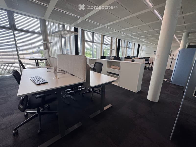 Modern office space with desks, chairs, keyboards, computer screens, and screen partitions. Large windows with blinds provide natural light.