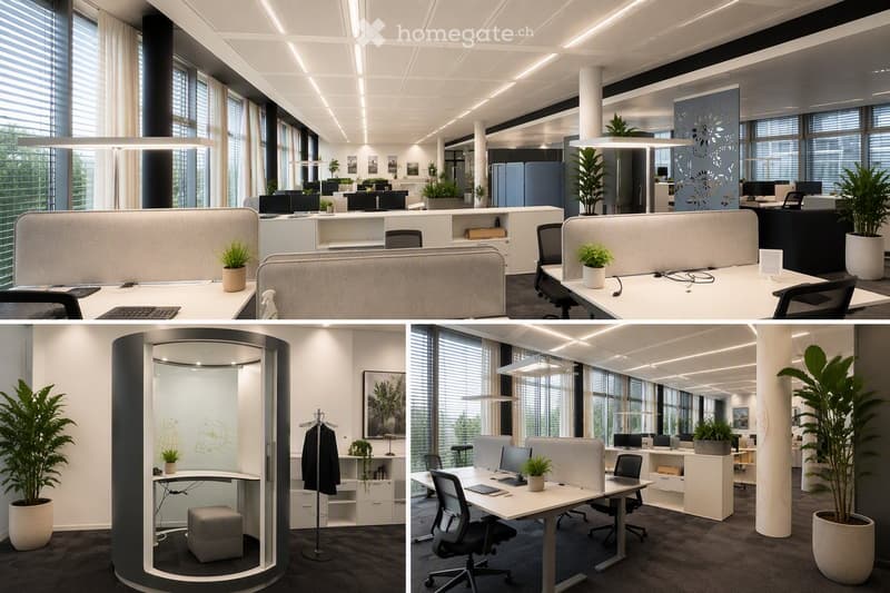Modern office space with desks, chairs, computers, and plants. Features a glass-walled meeting room with a round table and a coat rack.