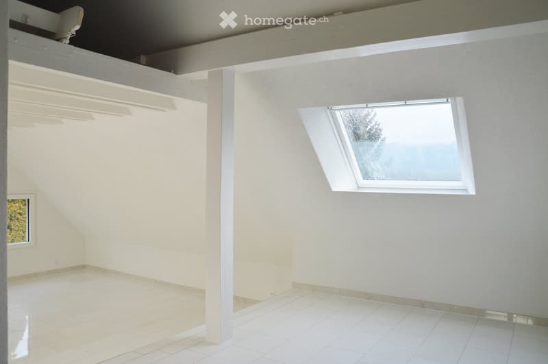 Empty room with white tiled floor, white walls, and two windows, one of which is a skylight. The room has a slanted ceiling typical of an attic space.