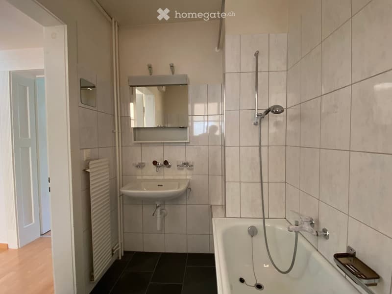 Bathroom with a sink, bathtub, mirror, and radiator. The walls are tiled, and the floor is dark.