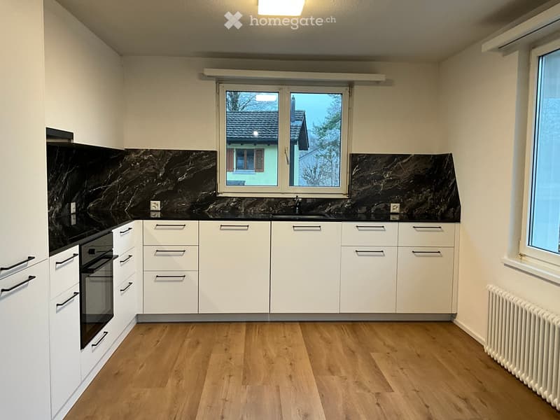 Modern kitchen with white cabinets, black marble backsplash, wooden flooring, and a window overlooking a house exterior.