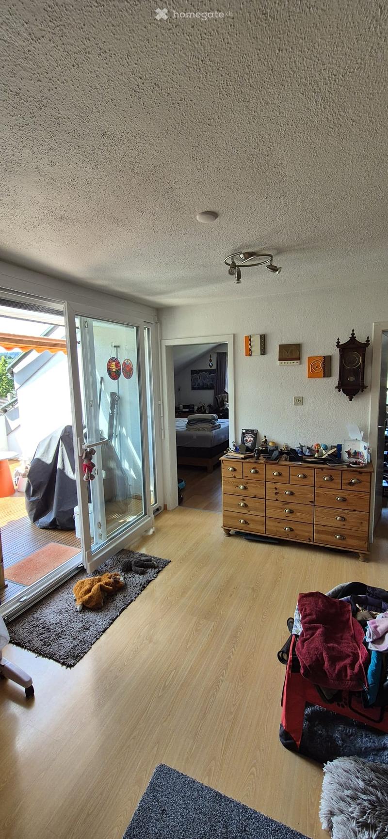 A well-lit living room with wooden flooring, a large glass door leading to a balcony, a sofa with a fur throw, a drawer unit, a toy, and a mirror on the wall.