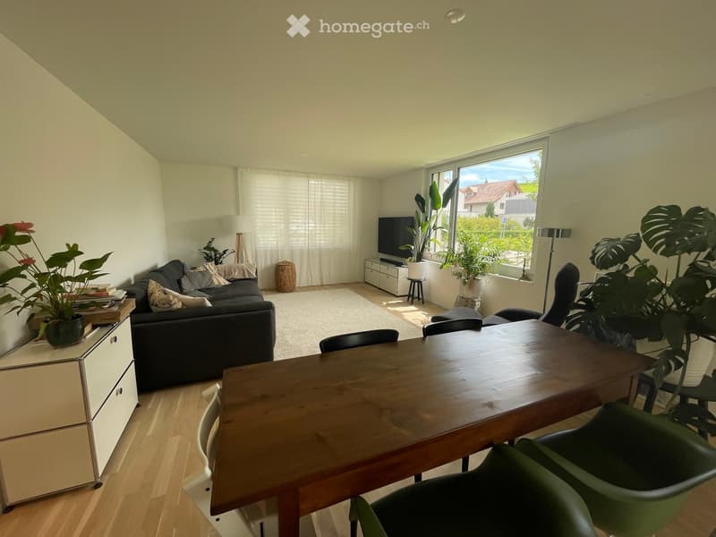 Bright living room with wooden flooring, large window, sofa, dining table, chairs, TV, and plants.