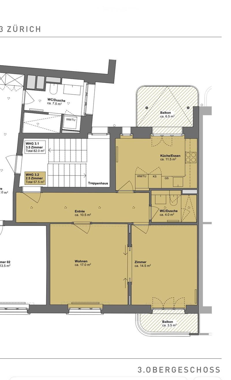 Floor plan of a 3.5-room apartment with living area, bedroom, kitchen/dining area, two bathrooms, two balconies, and staircase.
