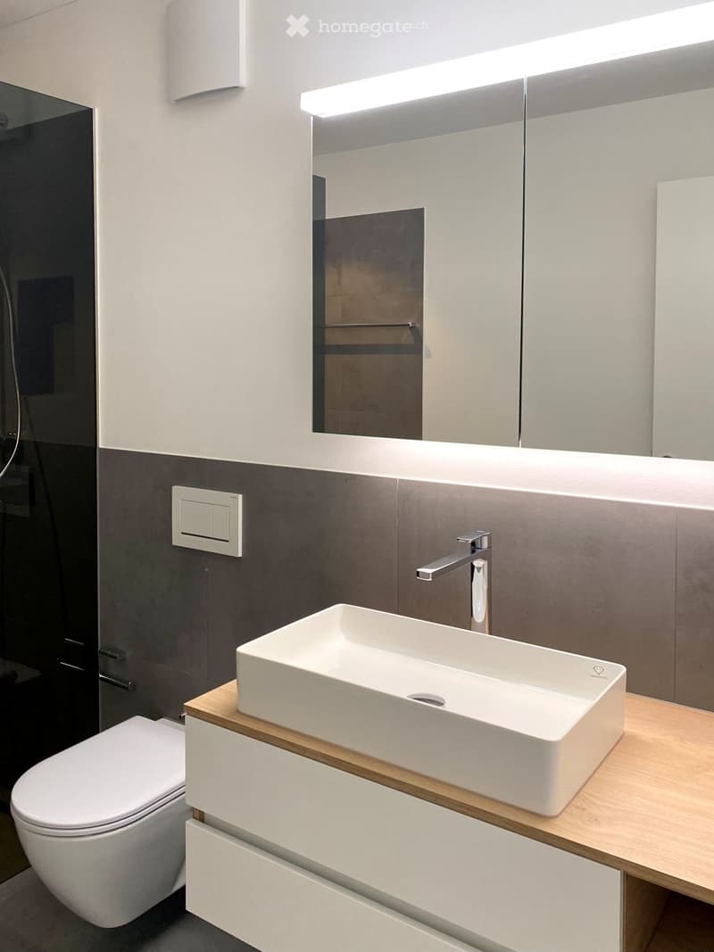 Modern bathroom with a white sink on a wooden cabinet, a chrome faucet, a large mirror with built-in lighting, and a white toilet.